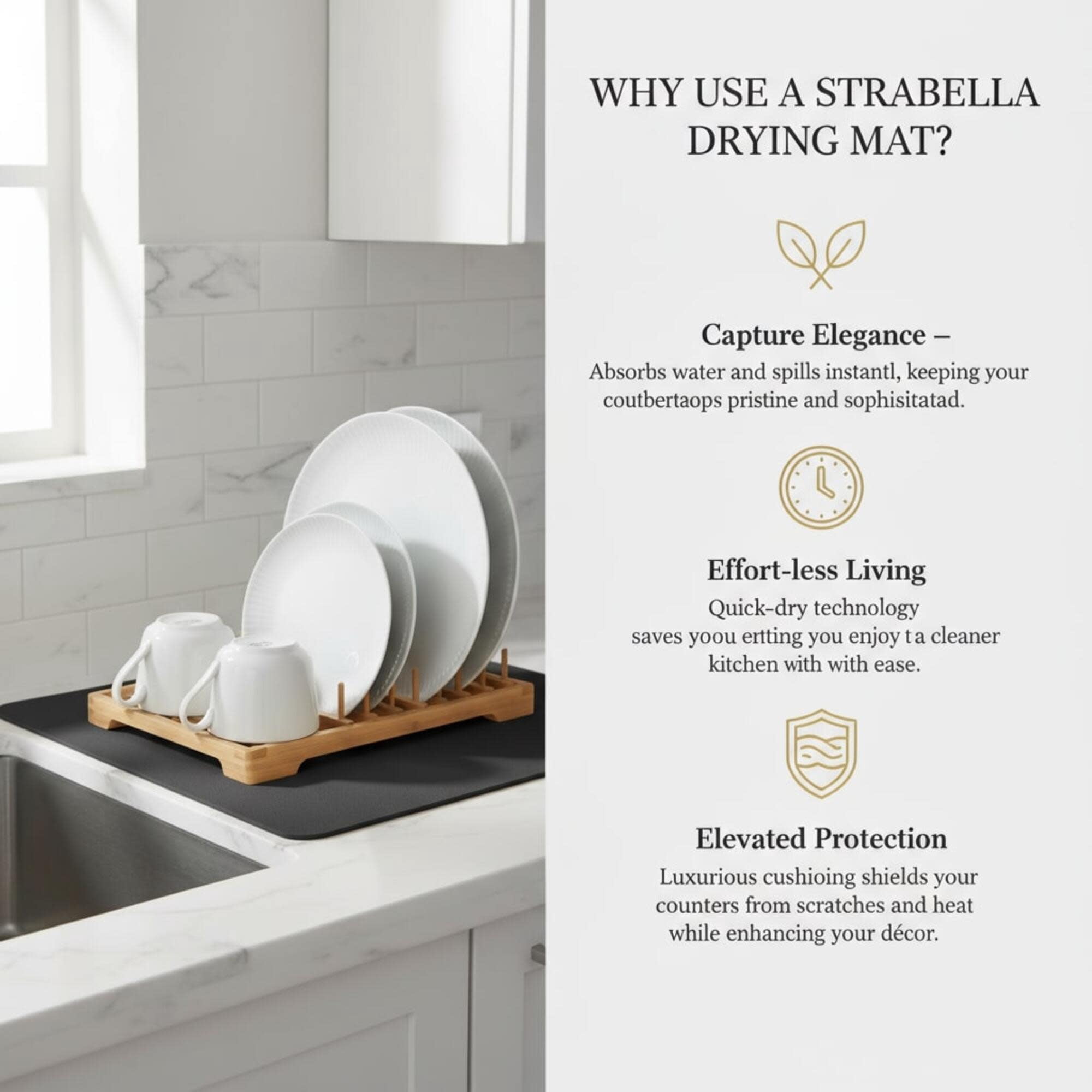 STRABELLA: Dish Drying Mat - 24x16", Black - Super Water Absorbent, Quick Dry Foam, Multi-Purpose, Kitchen Countertops, Non-Slip, Machine Washable