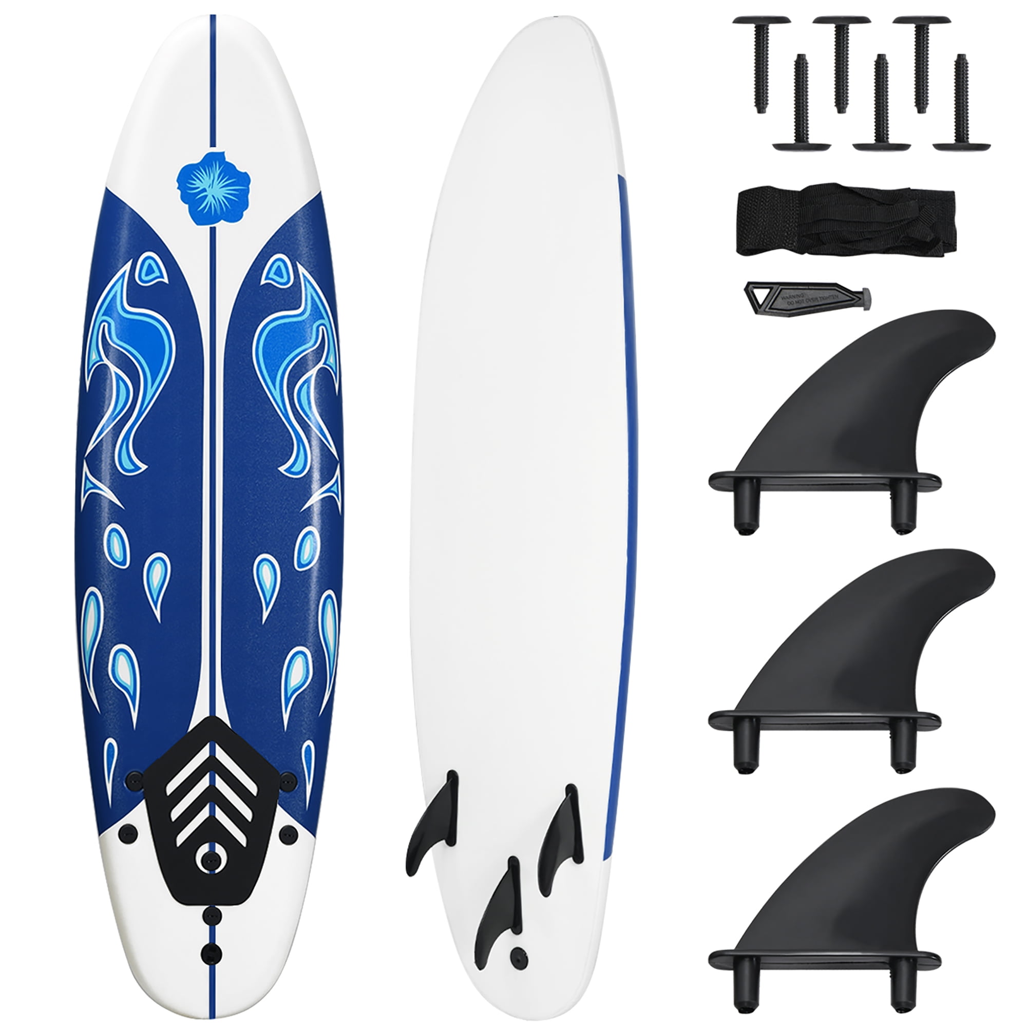 Costway 6' Surfboard Foamie Body Surfing Board W/3  Fins & Leash for Kids Adults White