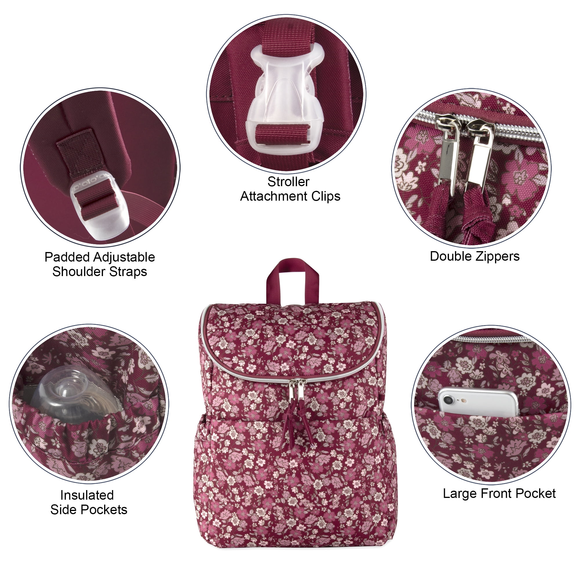 Baby Essentials 2 Piece Baby Diaper Backpack with Stroller Straps and Matching Changing Pad in Burgundy Floral
