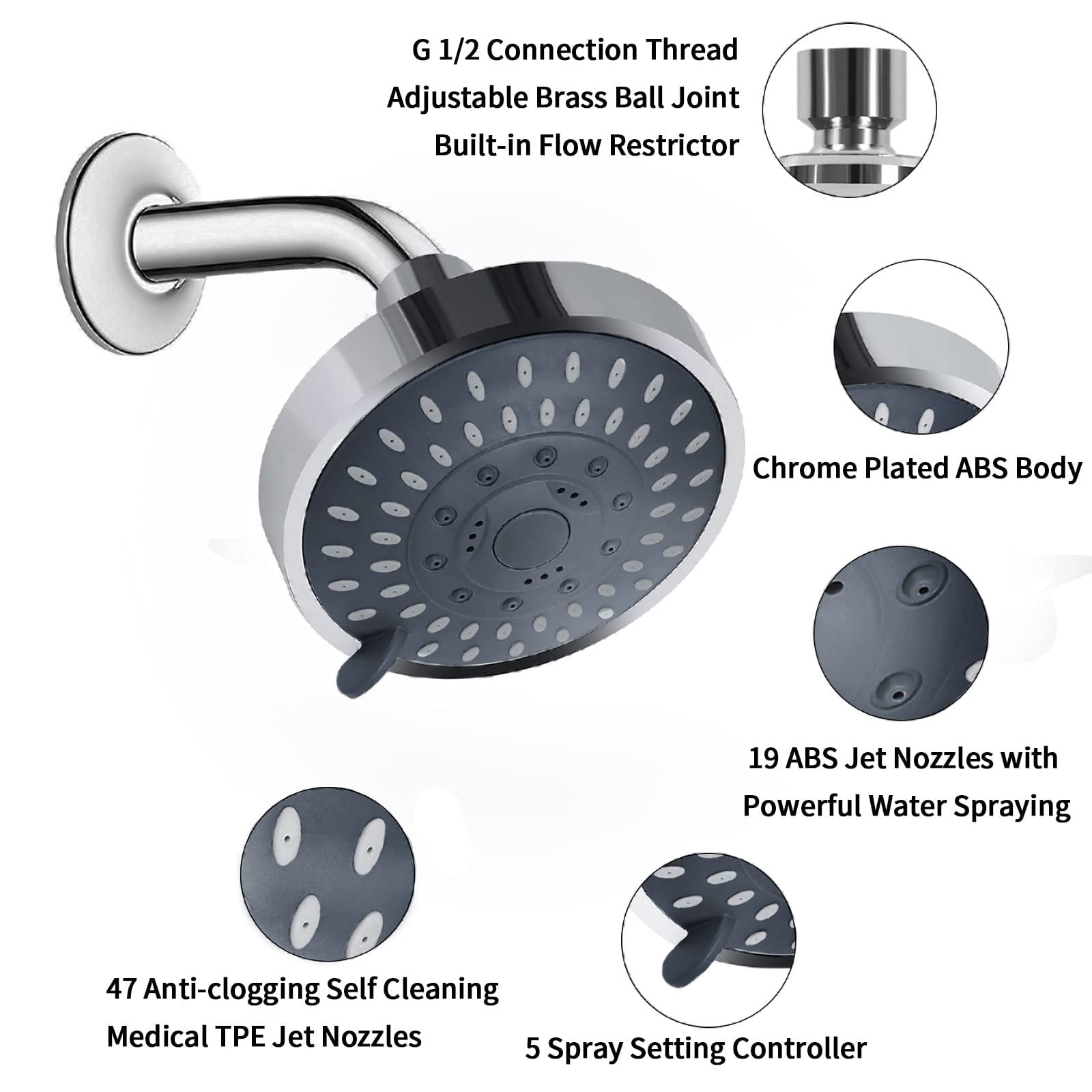 Shower Head High Pressure Rain Fixed Showerhead 5-Setting with Adjustable Metal Swivel Ball Joint - Relaxed Shower Experience Even at Low Water Flow & Pressure