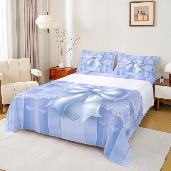 Manfei Teens Female Kawaii Bow Knot Twin Sheet Sets 3pcs,Dreamy Princess Twin Fitted Sheet Microfiber,Love Heart Print Stripes Breathable Flat Sheet,Lightweight Room Decor