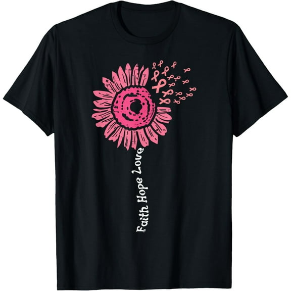 Faith Hope Love Flower Pink Ribbon Breast Cancer Awareness T-ShirtMen and women can wear, black T-shirts, gifts. Age: M,L,XL 2XL, 3XL, 114XL