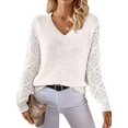 thumbnail image 3 of Women V Neck Knit Hollow Openwork Lantern Long Sleeve Ribbed Cuff Loose Fit Knit Pullover Sweater White L, 3 of 8
