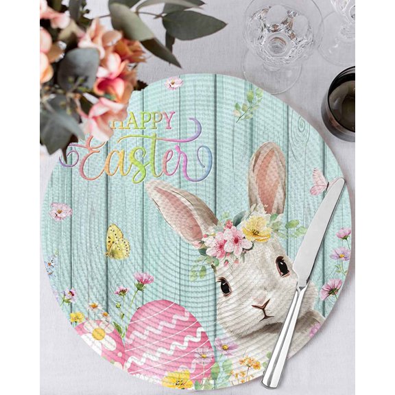 13 Inch Round Placemats Set of 4, Turquoise Easter Non Slip Heat Insulation PP Table Mats, Spring Easter Bunny Eggs Floral Wooden Washable Place Mats for Kitchen Dining Party Table Decor