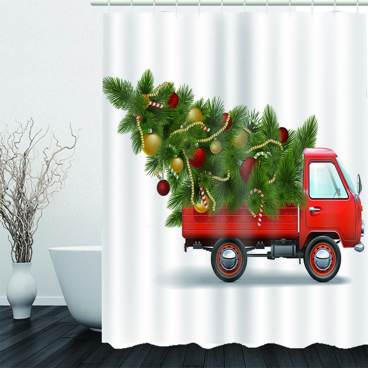 Red Truck Fabric Shower Curtain christmas Tree White Washable Digital Printing Bathroom Decor