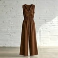 thumbnail image 7 of Guluxicc Brown Womens Collared Jumpsuit Half Zip Wide Leg Cap Sleeve Elastic Waist Casual Dressy Business Casual Summer Rompers with Pockets, 7 of 7