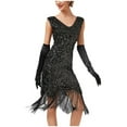 thumbnail image 1 of Pisexur Robe Mi-Mollet Sans Manches à Col en V pour Femmes, Robe à Col en V Sans Manches à Paillettes avec Franges et Pompons, Robe de Fête, Banquet, Danse, Robe Courte, Robe pour Femmes en Liquidation, 1 of 4