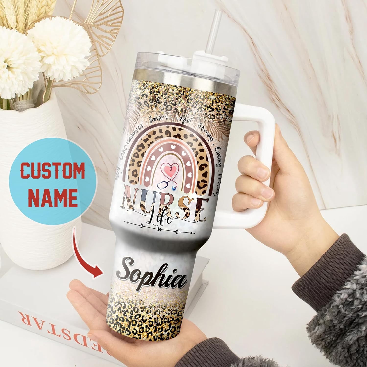 Personalized Nurse Life Cheetah Rainbow Leopard Cup With Lid 40oz Stainless Steel Tumblers Birthday Christmas Medical Healthcare Appreciation Gift Idea For Women Nurses Nursing School
