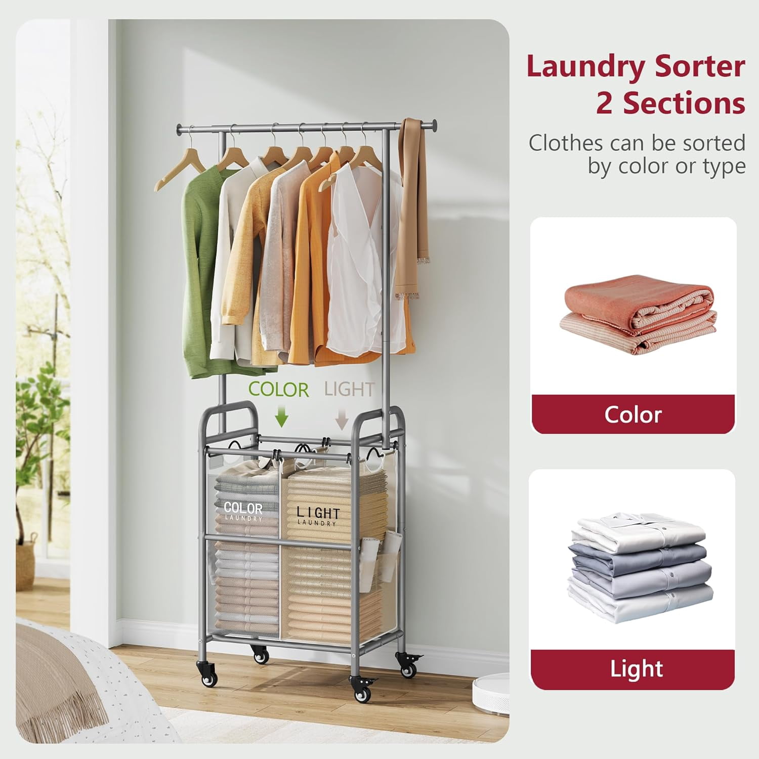 Laundry Sorter with Hanging Rack, 2 Section Rolling Laundry Hamper with Lockable Wheels and Removable Bag