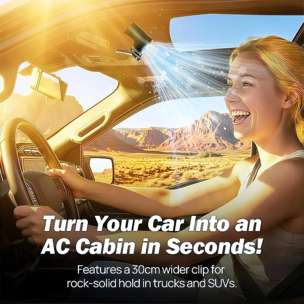 Car Clip on Air Conditioner Fan – USB rechargeable fan with powerful semiconductor cooling, lightweight and portable for cars, beaches, or umbrellas.