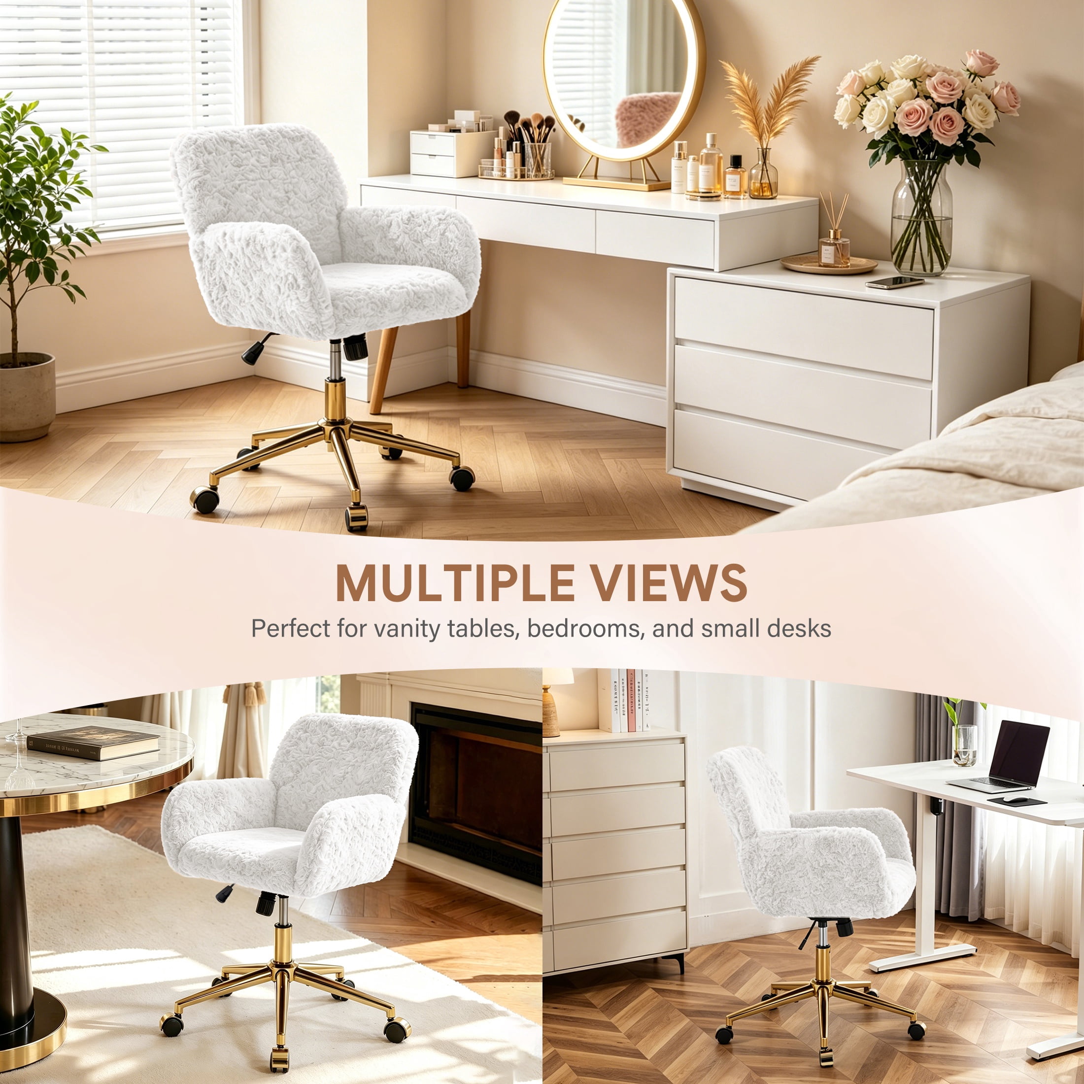 PAPROOS Vanity Chair with Back, Adjustable Swivel Makeup Desk Chair with Wheels and Arms, Fluffy Home Office Task Chair with Artificial Rabbit Hair for Bedroom, Dorm, Study Room, Beige