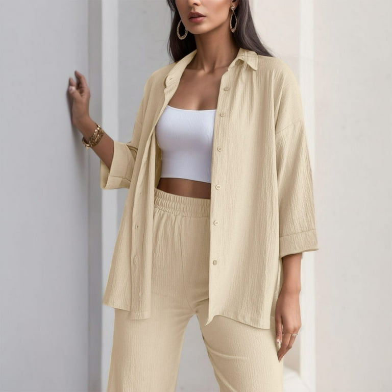 PMUYBHF Workout Sets for Women with Pockets Fashion Casual Wear Cardigan  Button Pants Pocket Women S Sets Business Suits for Women office Suit 90S