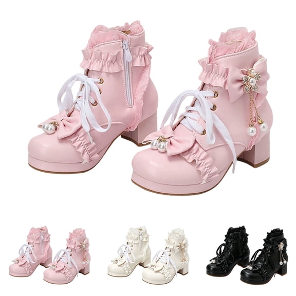 Girls Bow Lace Trim Ankle Booties Side Zipper Block Heel Combat Boot Non Slip Winter Boots Cute Princess Boots with Pearl Decor