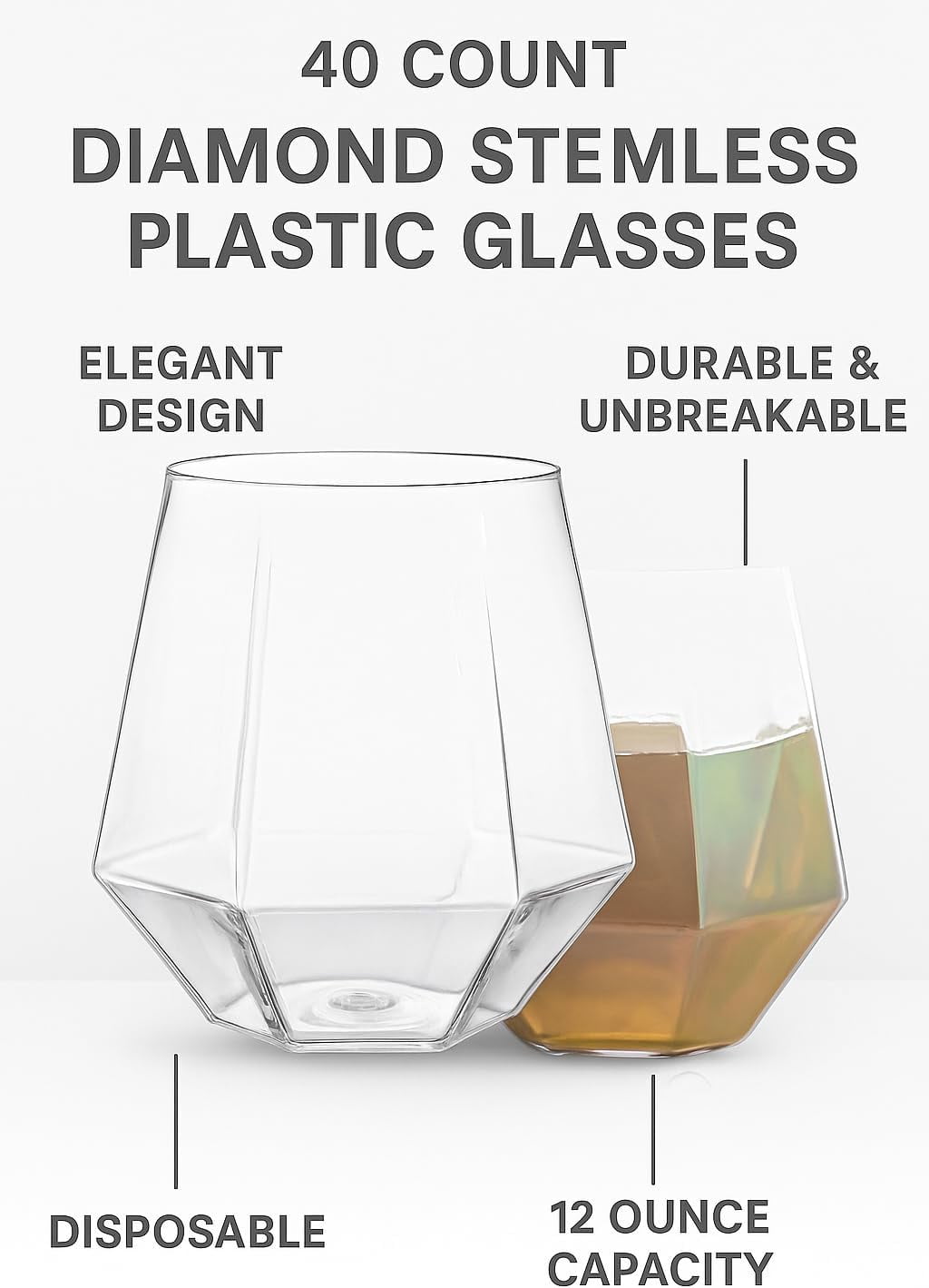 40 Pack Diamond Plastic Wine Glasses – Unbreakable Stemless Cups, Gold Rim, 12 Oz For Parties