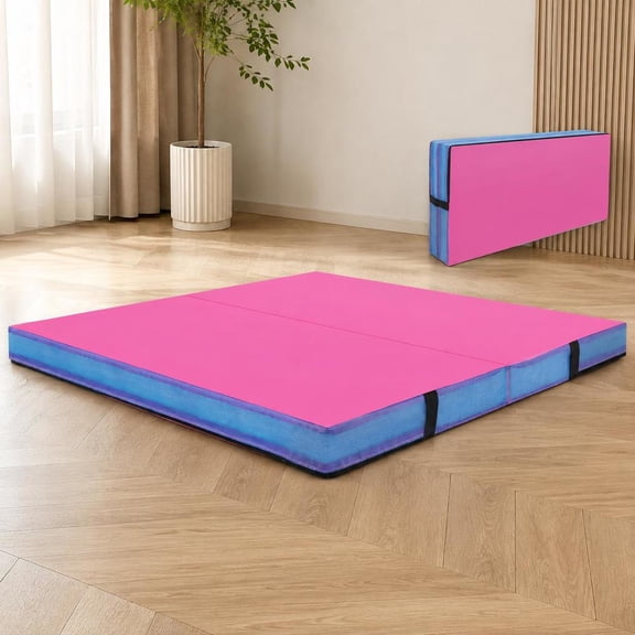 Bi-Folding Gymnastic Tumbling Mat, 4Ft X 4Ft X 4In, Pink, with Handles and Cover