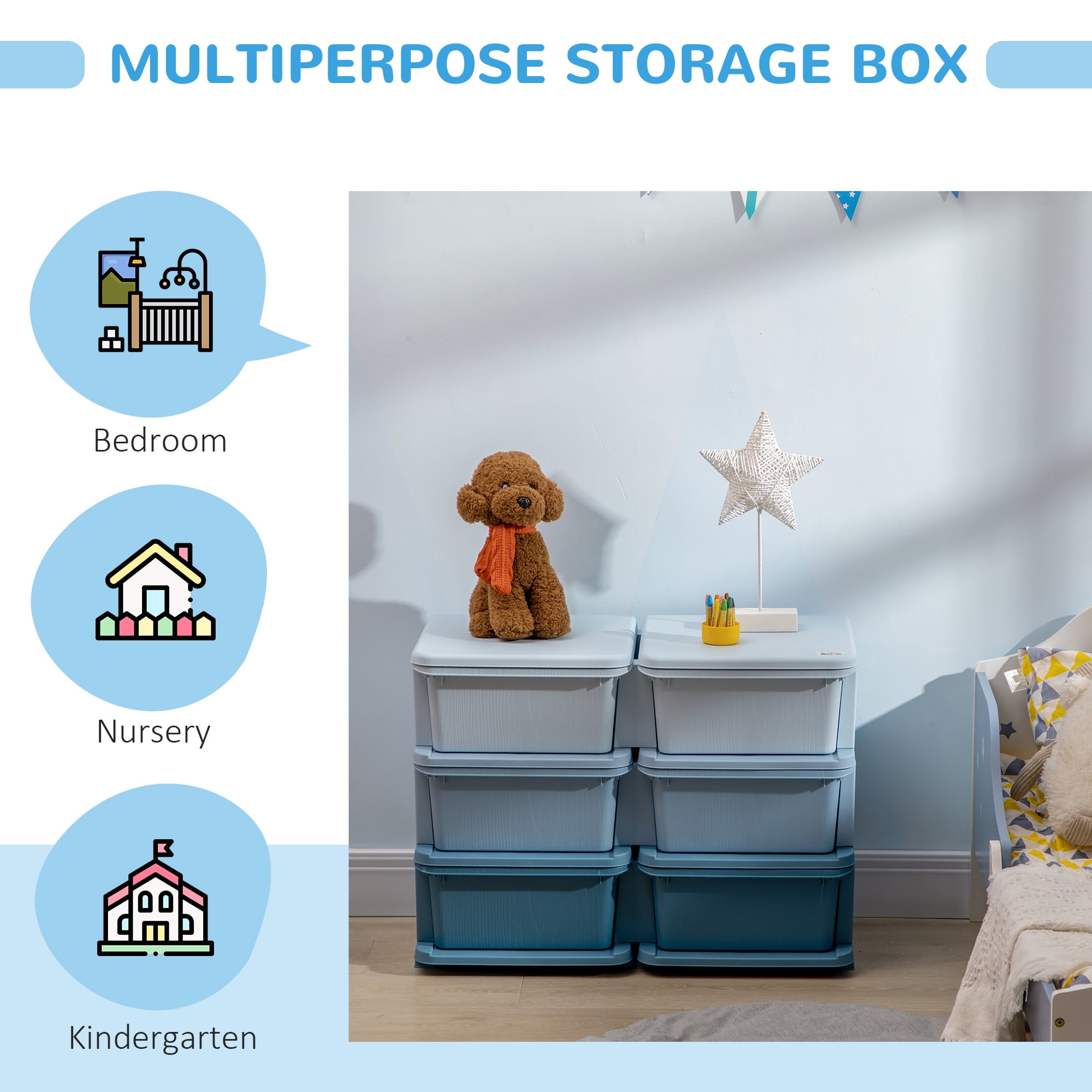 3 Tier Kids Storage Unit, 6 Drawer Chest Toy Organizer Plastic Bins for Kids Bedroom Nursery Kindergarten Living Room for Boys Girls Toddlers, Blue