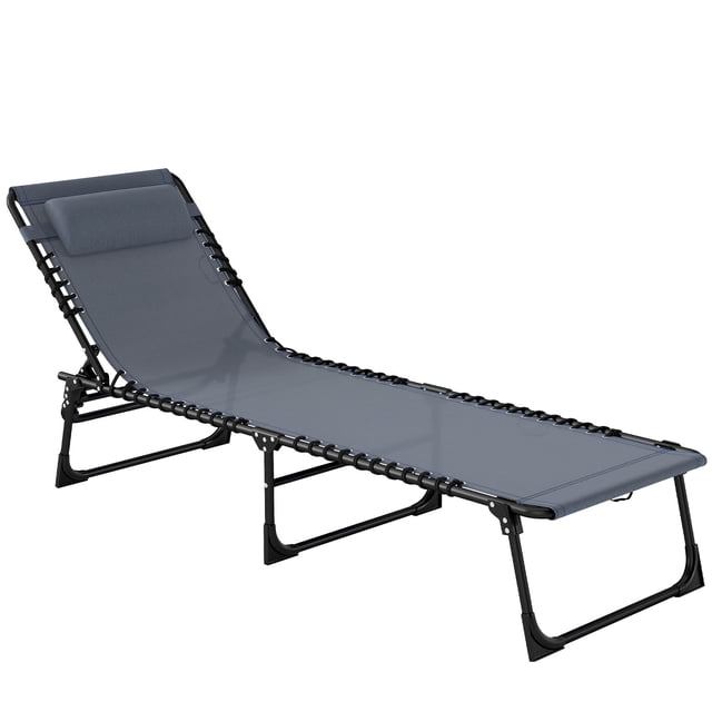Grey Outdoor Folding Lounge Chair - Adjustable Chaise for Beach, Patio & Camping - Steel Frame, Breathable Mesh, 74” L x 23” W