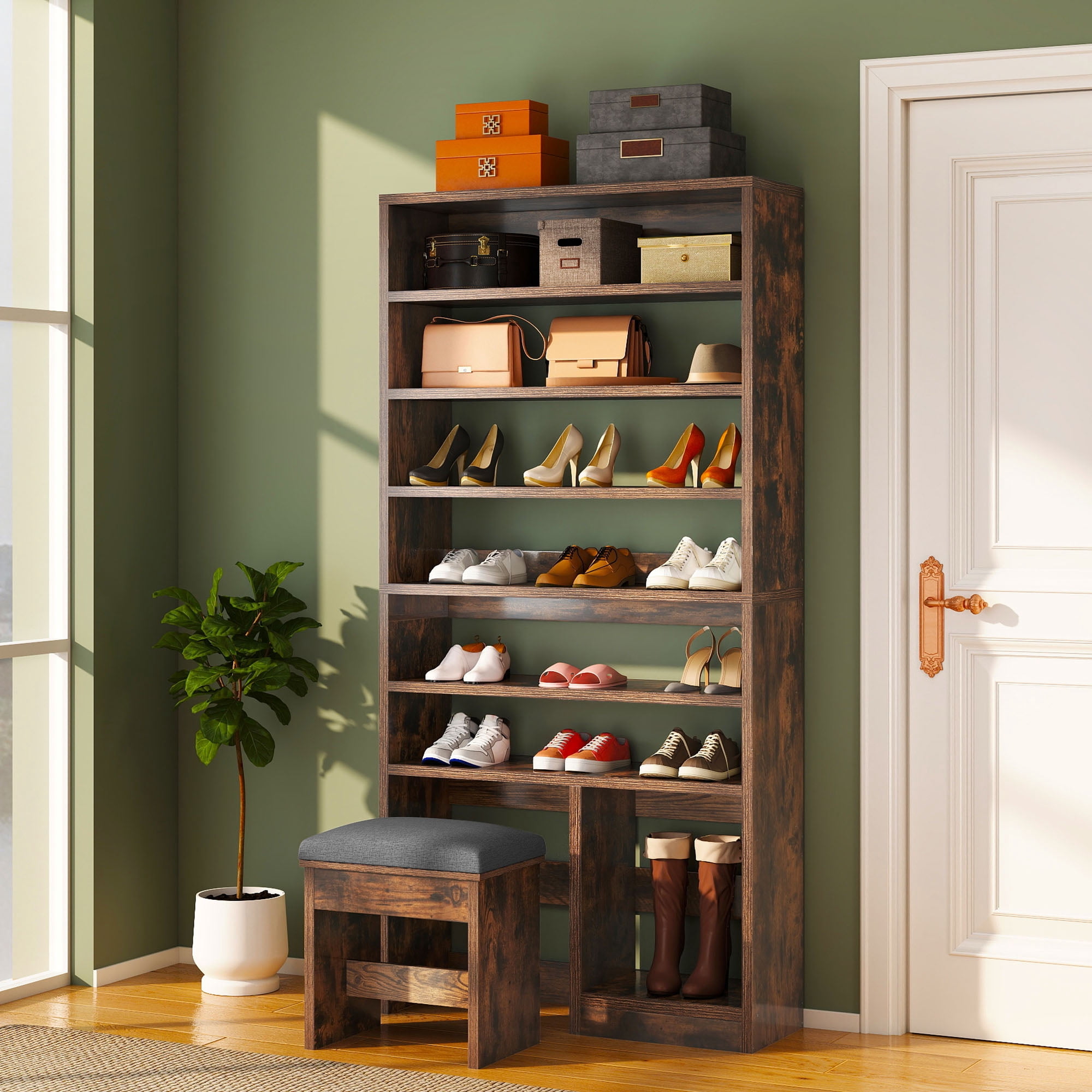 Uforic 8-Tier Entryway Shoe Storage Bench, Multi-Level Shoe Cabinet with Large Boot Storage, Ideal for Home and Living Room, Brown