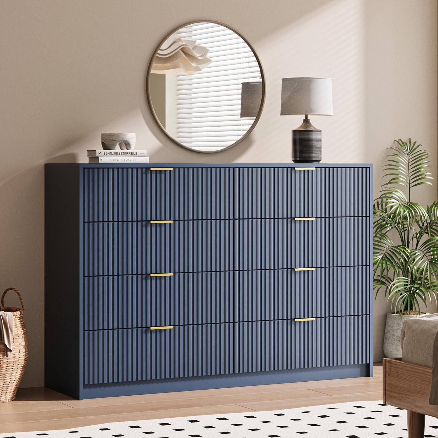 FURNIWAY Blue 8 Drawer Dresser, Fluted Wood Clothes Storage Organizer Cabinet for Bedroom, Modern Chest with Gold Metal Handles, Wide Dresser for Bedroom,Living Room,Hallway