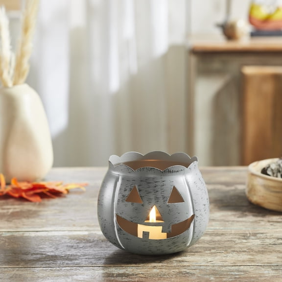 VHC Brands Jack-O-Lantern Candle Holder Antique Grey , Fall and Halloween Kitchen Dining Table Candle Holder, Pumpkin Decor Antique Grey, 4.25x5.25