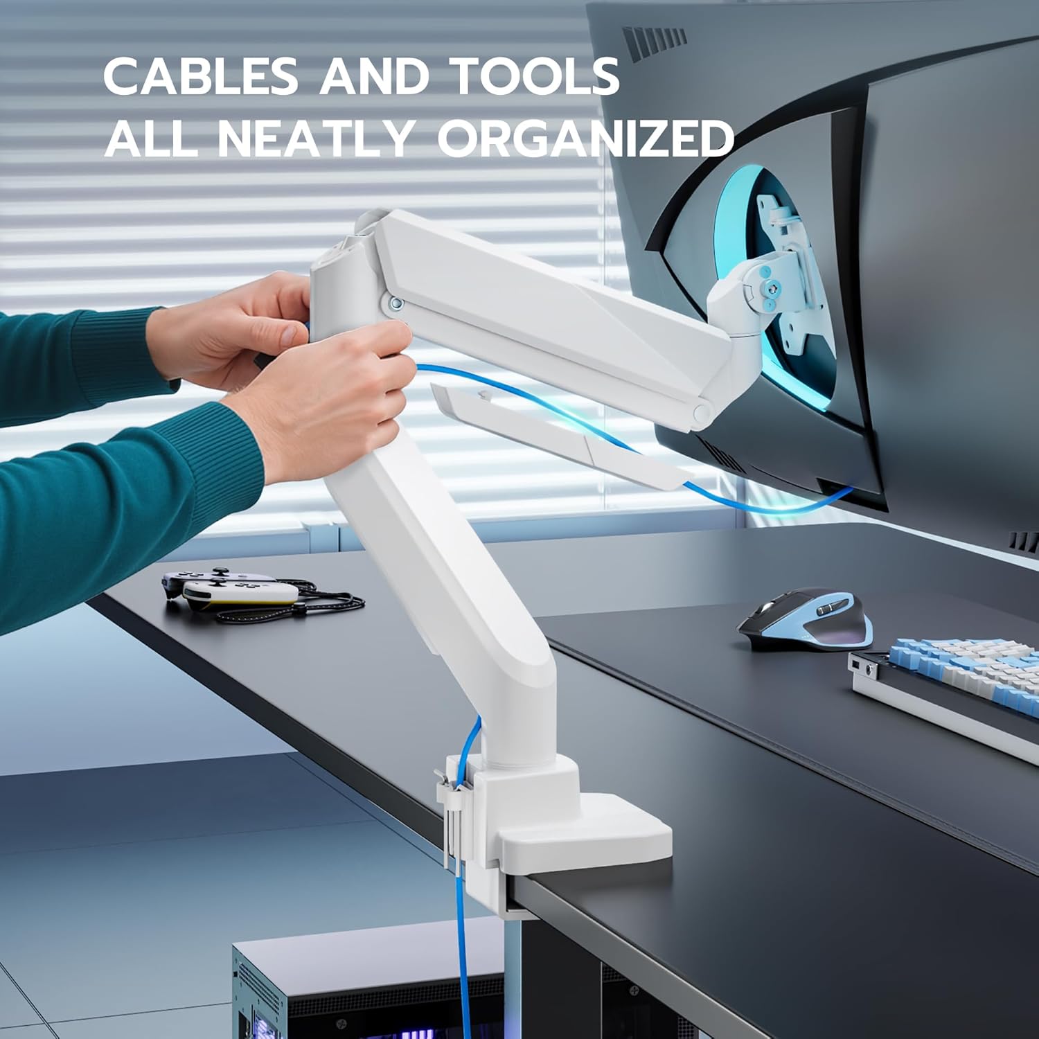 ARES WING Single Monitor Arm with USB, Heavy Duty Adjustable Monitor Arm for 13"-49" Screens, Gas Spring Monitor Arm Desk Mount with Clamp & Grommet Base Holds up to 40 lb, VESA 75x75 100x100, White