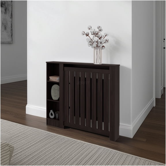 JERFIT Radiator Cover Cabinet with 3 Shelves, Black Engineered Wood, Ventilated Heater Enclosure, Modern Storage Organizer
