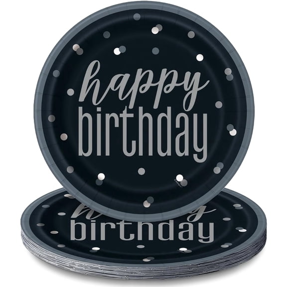 Unique Party 83587 Black Birthday Round Dinner Plates, 9" Disposable | 8 Pcs, Happy, 8 Count (Pack of 1)