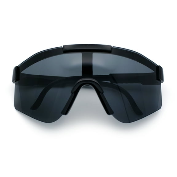 Boys Kid Size Large Shield Rimless Sport MTB Plastic Sunglasses All Black