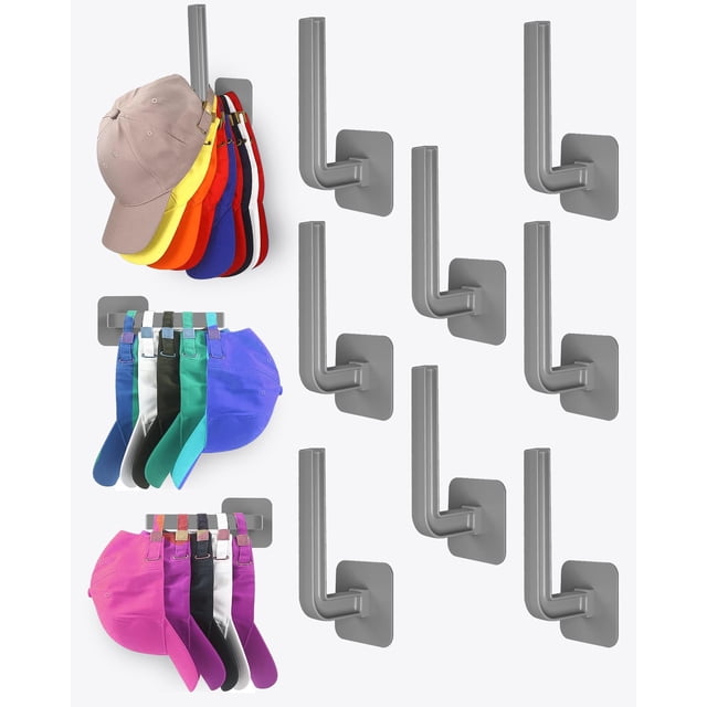 Sunfanie Perchero para almacenamiento de sombreros (paquete de 8) Organizador multiusos para sombreros Ganchos adhesivos fuertes para sombreros de pared Organizador para gorras de béisbol Dos opciones