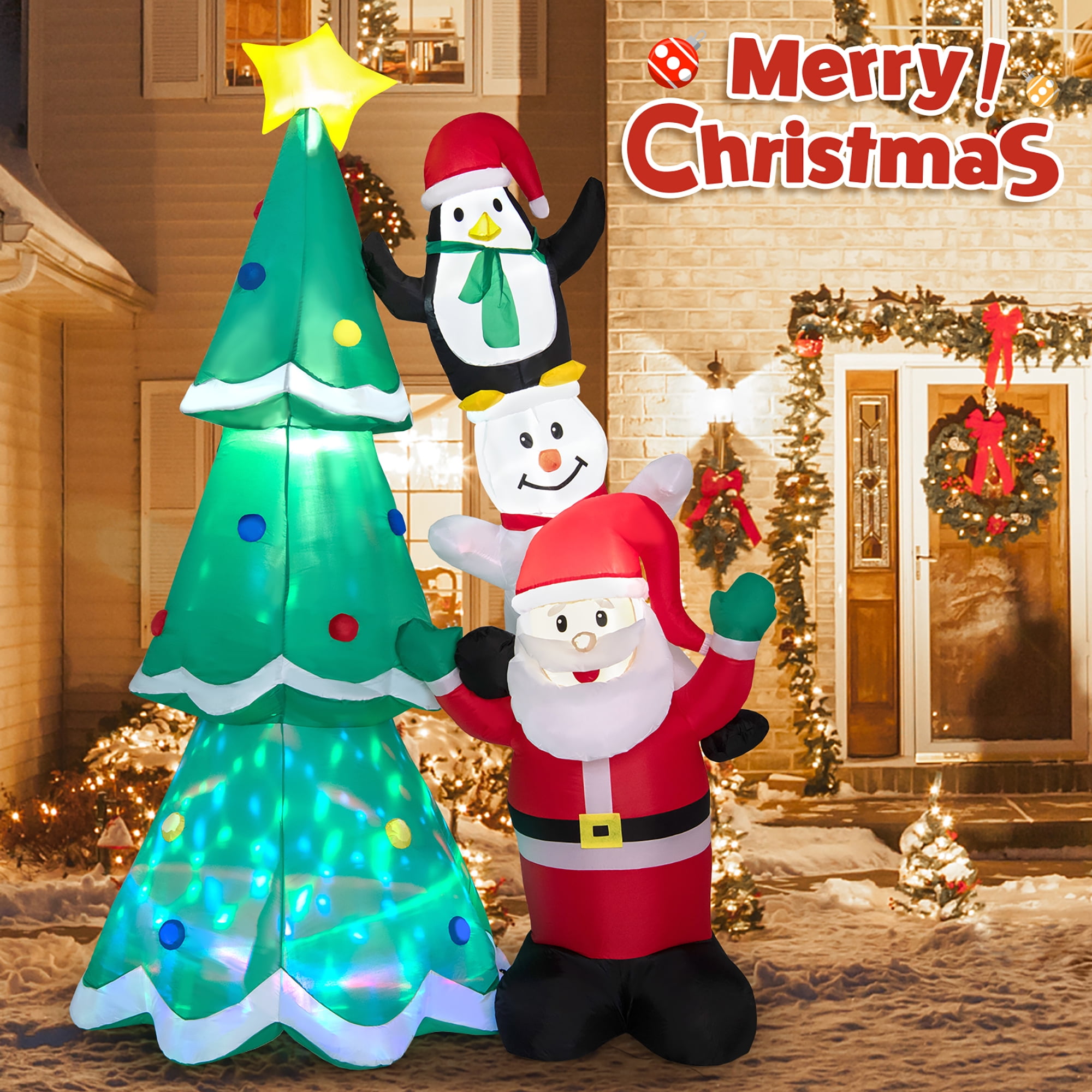 Costway 8.7FT Inflatable Christmas Tree with Santa Claus & Snowman &  Penguin Blow-up Xmas Decoration w/Multicolor Disco Light