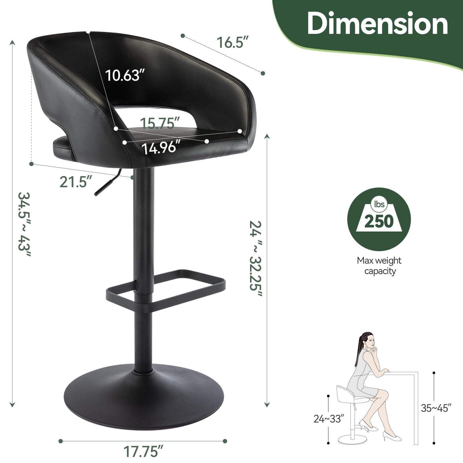 PU Leather Bar Stools, Adjustable Height 24."-32.25, Swivel Barstools with Back & Footrest, Upholstered Bar Chairs for Kitchen Island, Dining Room, Home Bar (Black, Black Base)