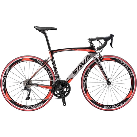 SAVADECK Carbon Road Bike, Warwinds3.0 700C Carbon Fiber Frame Carbon Fork Racing Bicycle with Shimano SORA 18 Speed Derailleur System and Double V Brake.(Black Red 48cm)