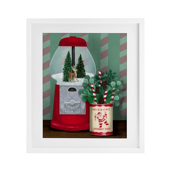 Stupell Industries - Vintage Christmas Gumball Machine White Framed Print Under Glass, 17 x 21, Made In USA