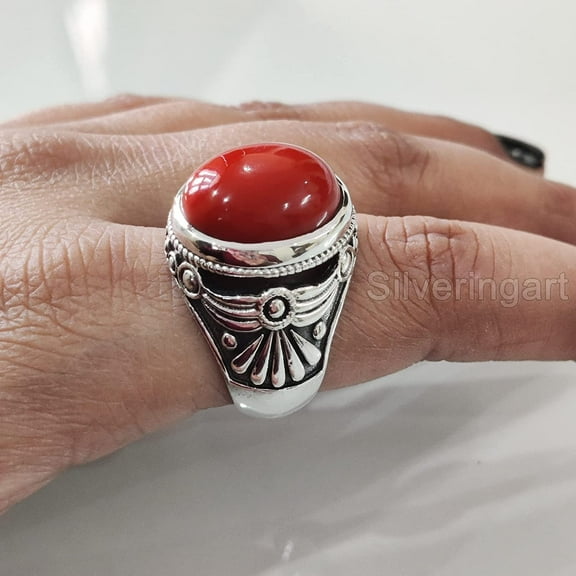 Coral Mans Ring, Natural Red Coral Ring, Unisex Ring, Silver Jewelry, 925 Silver Ring, Birthday Gift, Heavy Mens Ring, Arabic Design, Ottoman Style Ring, Christmas, Turkey Mens Signet Ring