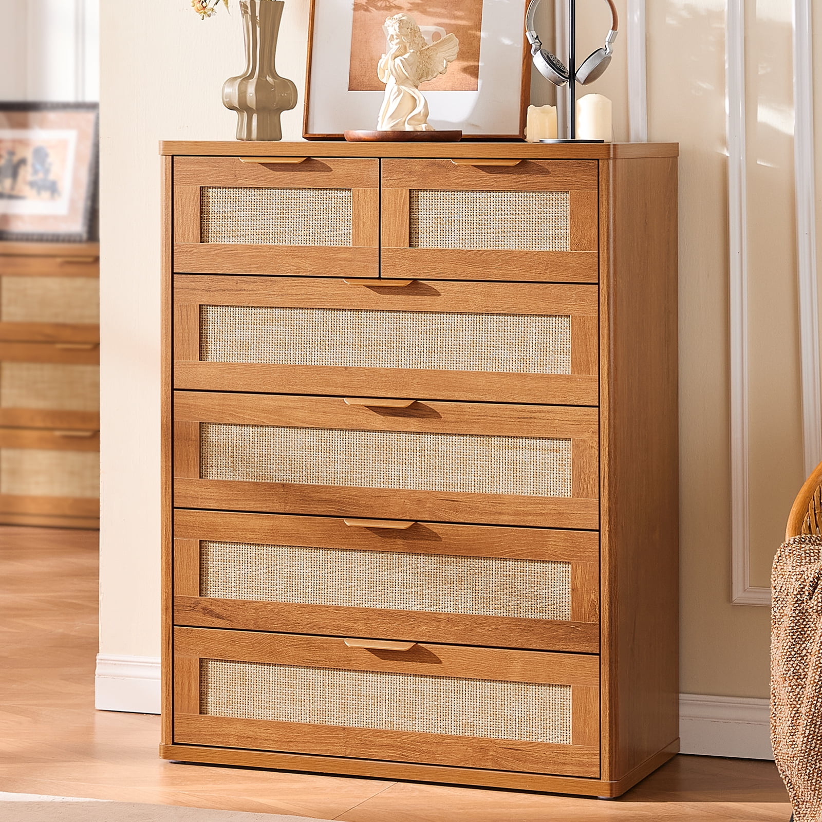 6 Drawer Tall Dressers, Rattan Dresser with Large Storage Space Boho Dressers & Chests of Drawer Wooden Dressers for Bedroom, Tea Brown