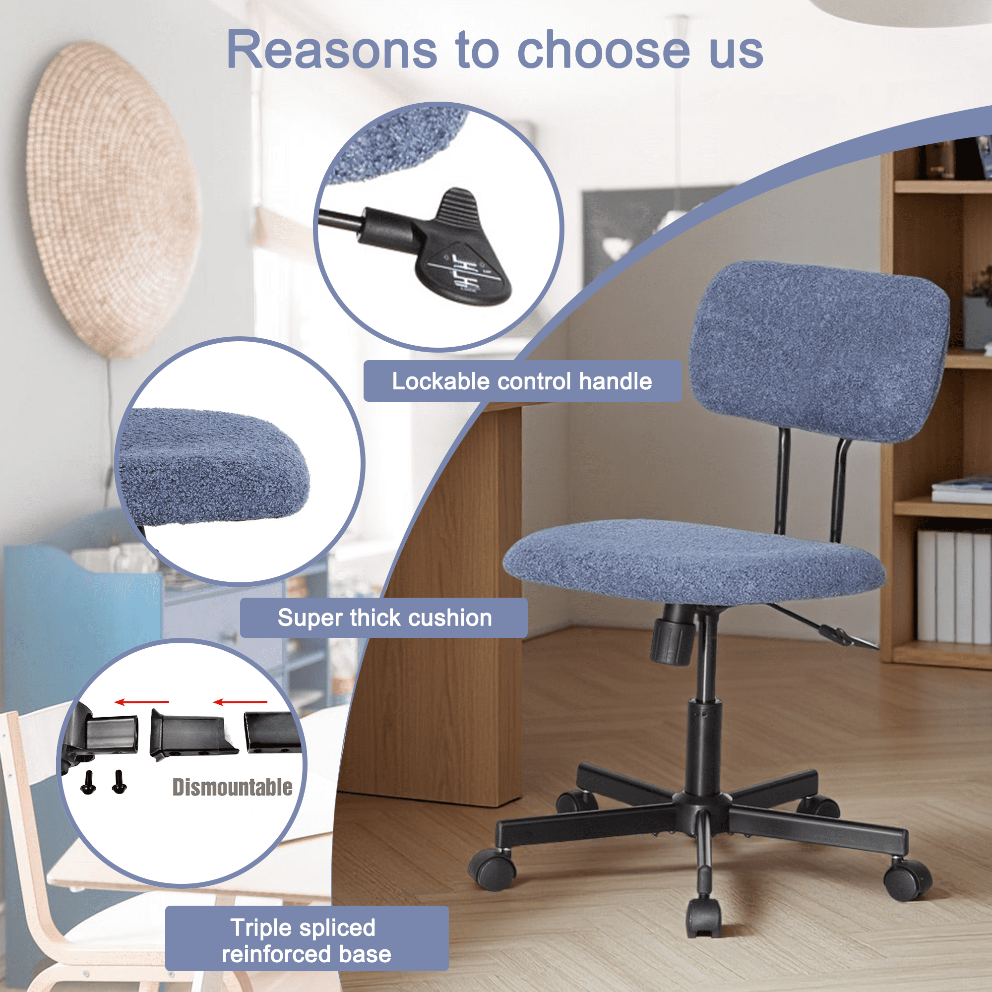 JJS Low Back Velvet Fabric Armless Home Office Computer Chair in Blue