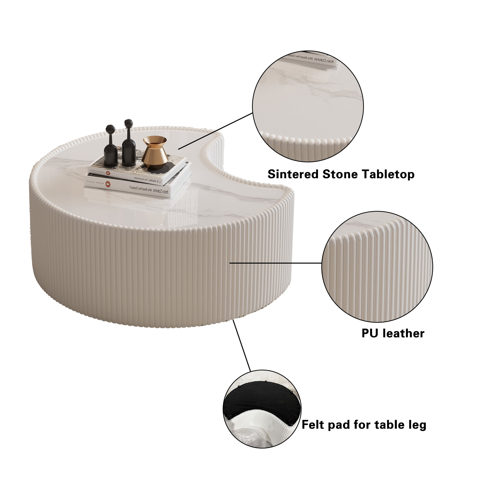 Sintered Stone Coffee Table 29.53 Inch, Irregular Shape Leather Top for Living Room Office, Cream White