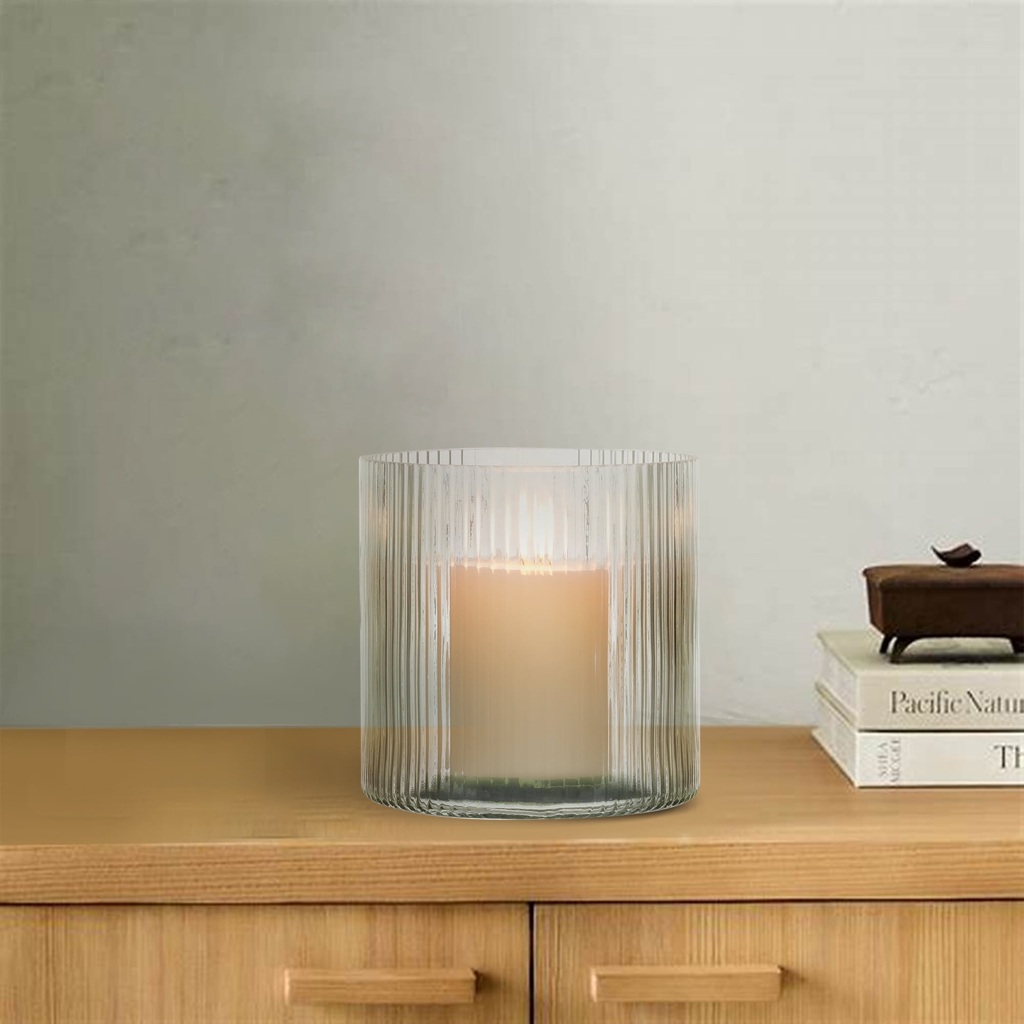 Better Homes & Gardens Hurricane Candle Holder, Green Ribbed Glass, Medium, 5 in