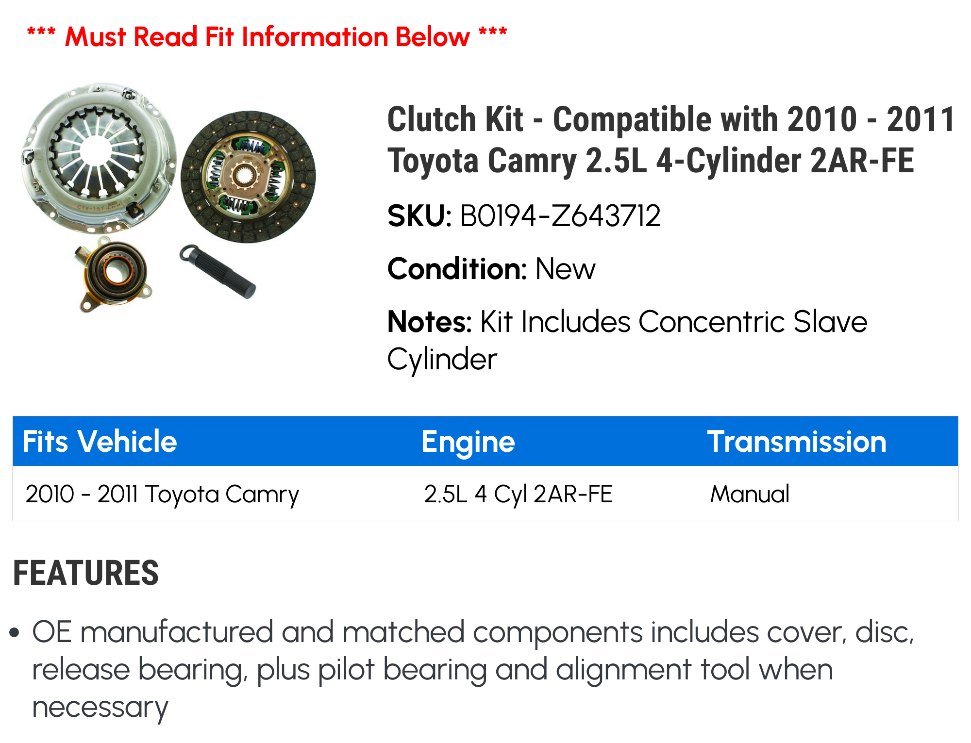 Genuine AISIN OEM Clutch Kit + Flywheel – 2011-2016 Scion TC 2.5L / Toyota Camry – CKT-072-FW-CKA