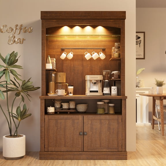 Tall Coffee Hutch 72" Tall Coffee Bar Cabinet with LED Lights Farmhouse Kitchen Pantry Cabinet with Storage Microwave Stand & Wine Rack for Dining Room