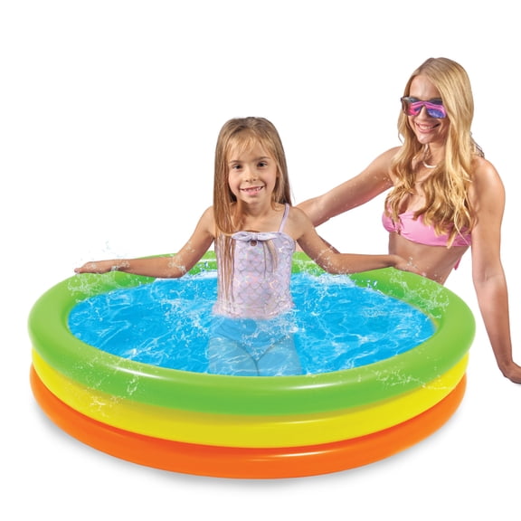 POZA Inflatable Swimming Pool for Kids - 3 Ring Green, Yellow, Orange Gold Kiddie Pool with Non-Inflatable Bottom, Round Blow Up Pools for Fun Summer Party - 40x10 Inches