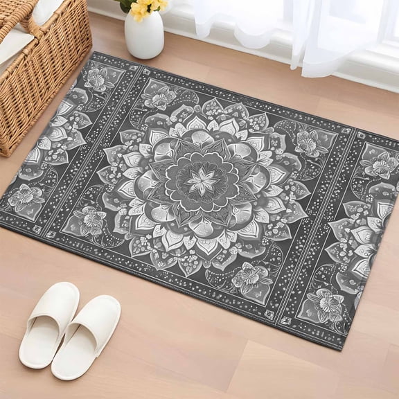 2x3 Ft Entryway Area Rug, Grey Boho Kitchen Rug Runner Washable Floor Mat, Abstract Floral Southwestern Ethnic Tribal Non Slip Indoor Door Mat Throw Carpet for Bathroom Living Room Bedroom