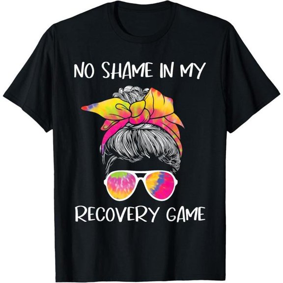 Recovery - Inspo Graphic Tee, Tops Has Bold “‘NO SHAME... GAME’ Text & Tie - Dye Pattern” Design, Crew Neck Regular Fit T - shirts, Size(S - 5XL)