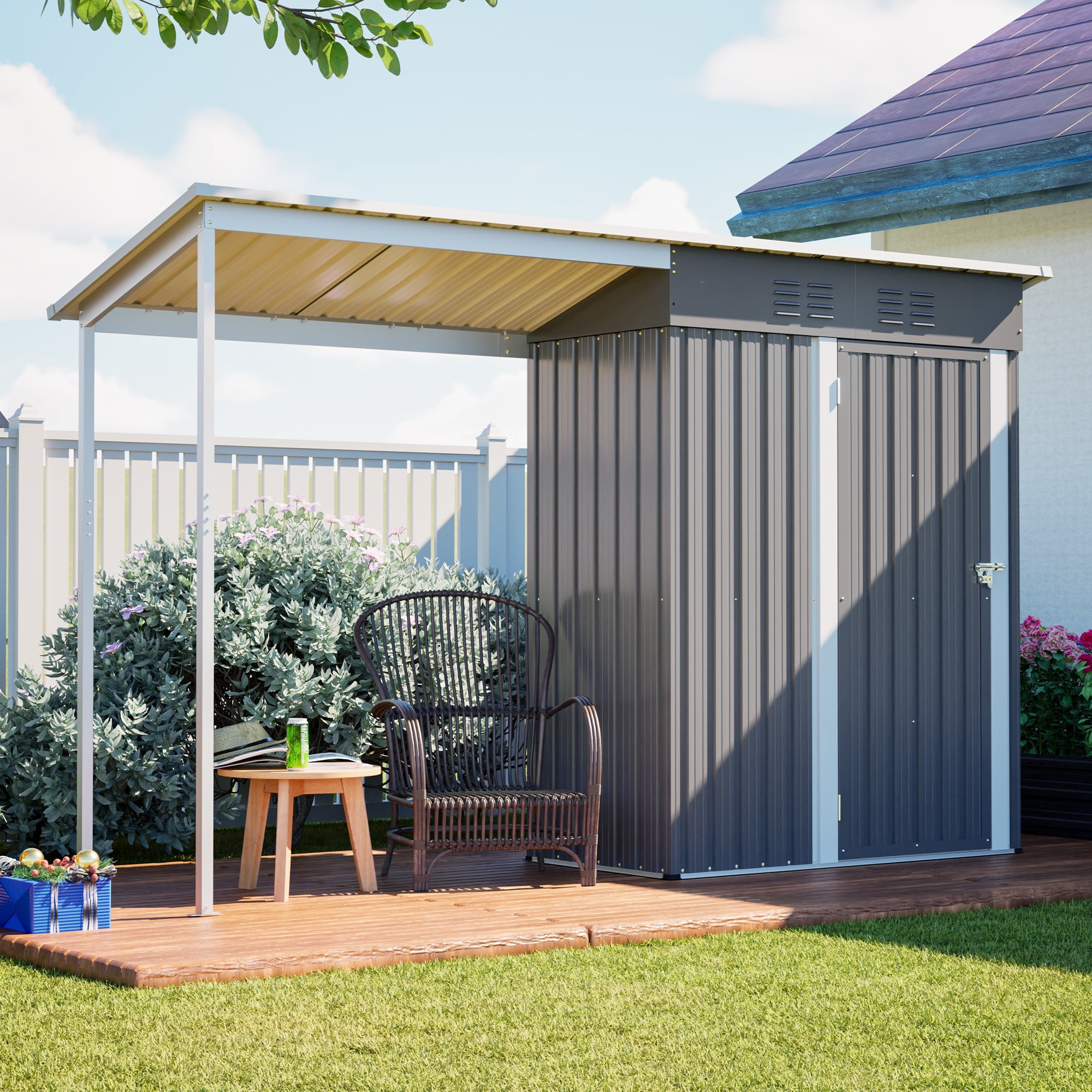 LZBEITEM Outdoor Open-Sided Storage Shed, 5x3 Sheds & Outdoor Storage with Covered, Small 2-in-1 Tool Shed with Attached Hardtop Metal Pergola Gazebo