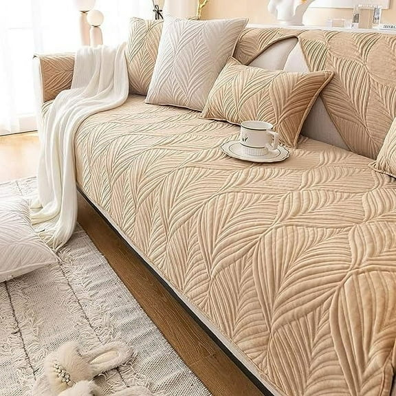 XmhyTop Super Soft Velvet Quilted Sofa Couch Covers Non-Slip Sectional Couch Cover Leaf Pattern Plush Sofa Slipcover Furniture Protector for Pets Kids Children Dog Cat (Camel,36"x70")