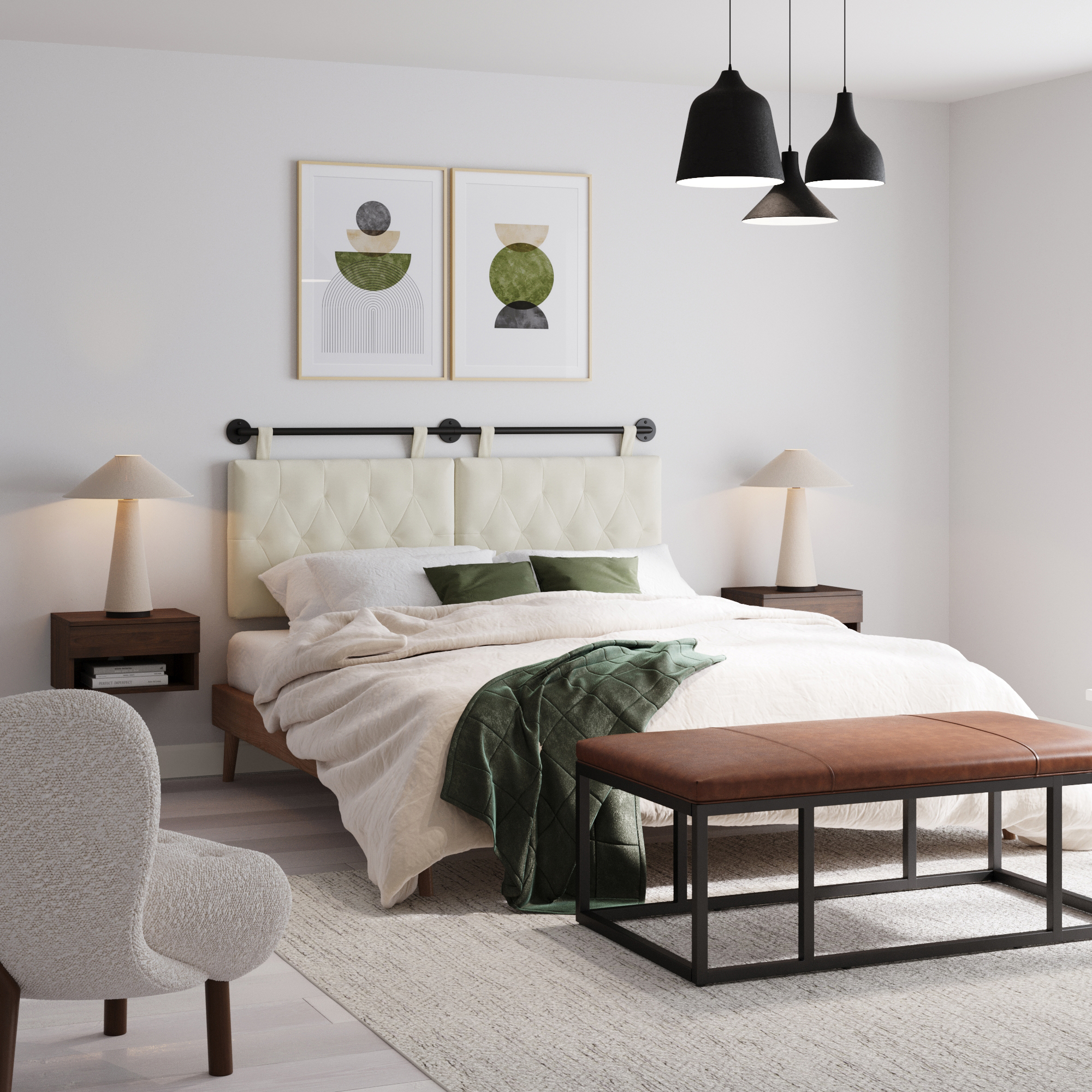 Nathan James Remi Queen Wall Mount White Button Tufted Headboard with Adjustable Straps and Black Metal Rail