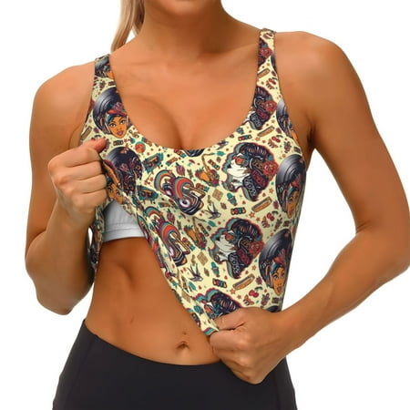 Qokaie Fashion Hippie Girl Pattern Womens Scoop Neck Sports Bra Breathable Workout Vest Padded U Back Medium Impact Fitness Gym Yoga Bra Workout Crop Top