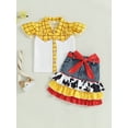 thumbnail image 3 of Kids Girl Summer Outfits Plaid Print Fly Sleeve Shirts Tops Cow Pattern Ruffles Patchwork Denim Skirts Headband 3Pcs Clothes Set, 3 of 8