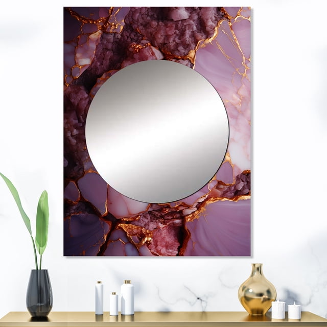 Designart "Marble Agate River in Pink and Gold I" Marble Mirror Wall Decor - Modern Gold Abstract Large Printed Mirror Wall Decor For Bedroom - 40" x 30" Inch