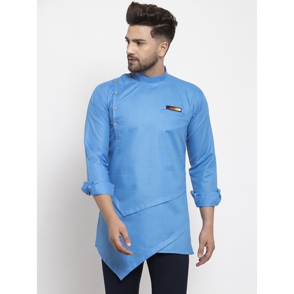 eloria Men's Trending Indian Traditional Solid Blue Asymmetric Kurta